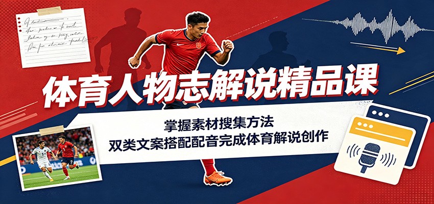 体育人物志解说精品课：掌握素材搜集方法，双类文案搭配配音完成体育解说创作-朽念云创