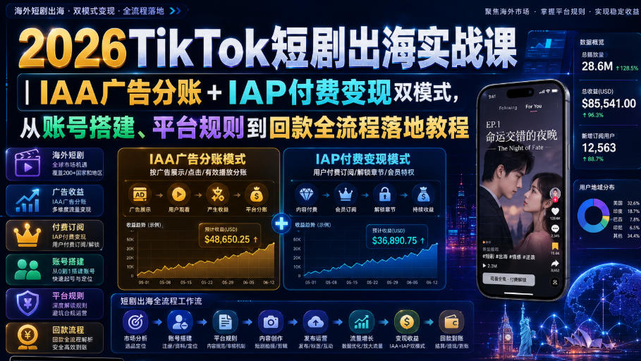 2026TikTok短剧出海实战课｜IAA广告分账+IAP付费变现双模式，从账号搭建、平台规则到回款全流程落地教程-朽念云创