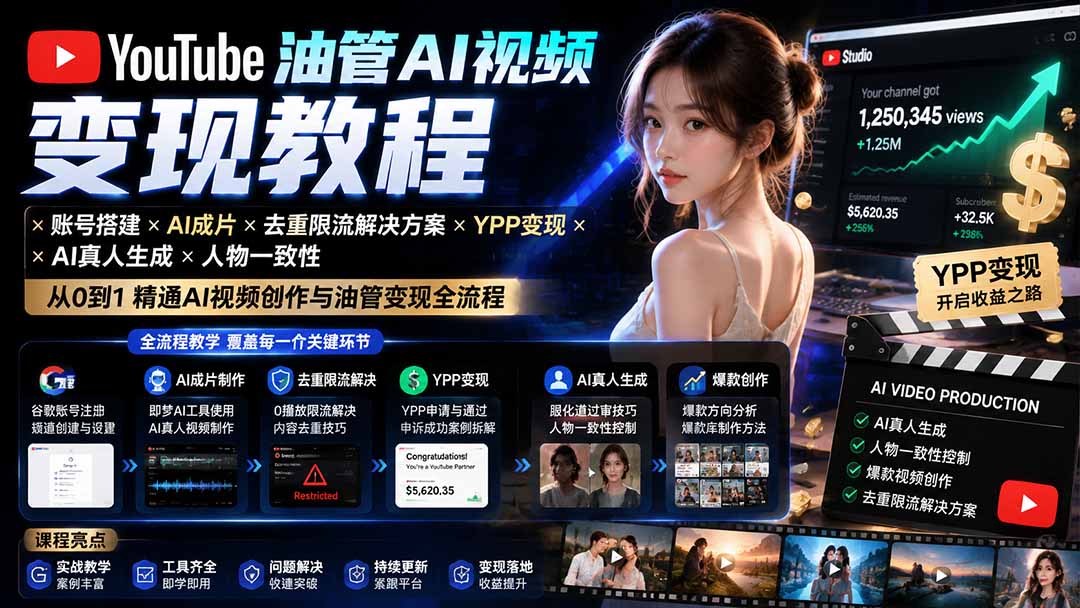YouTube油管AI视频变现教程：账号搭建×AI成片×去重限流解决方案×YPP变现×AI真人生成×人物一致性-朽念云创