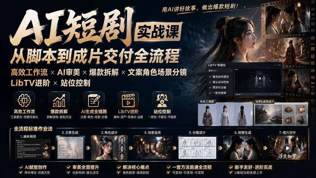 AI短剧实战课：高效工作流×AI审美×爆款拆解×文案角色场景分镜×LibTV进阶×站位控制×从脚本到成片交付全流程-朽念云创