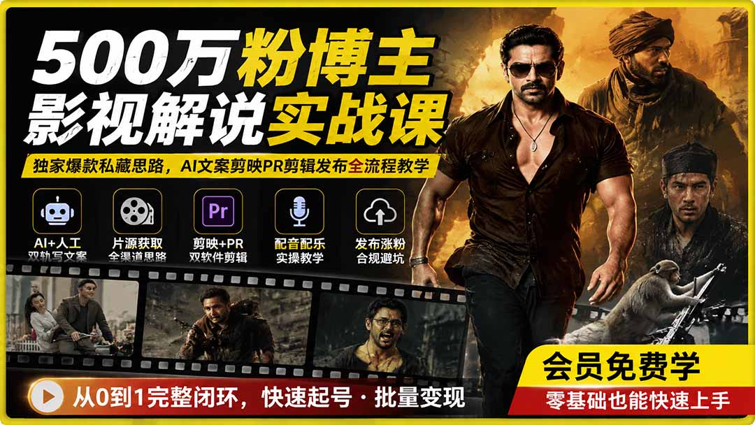 500万粉博主影视解说实战课|独家爆款私藏思路,AI文案剪映PR剪辑发布全流程教学-朽念云创