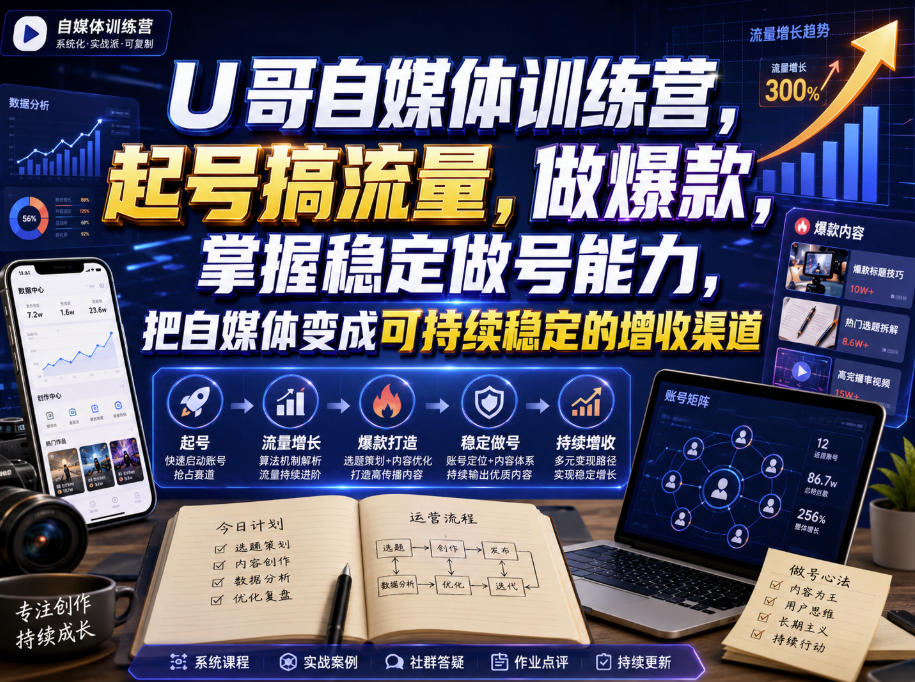 U哥自媒体训练营,起号搞流量,做爆款,掌握稳定做号能力,把自媒体变成可持续稳定的增收渠道-朽念云创