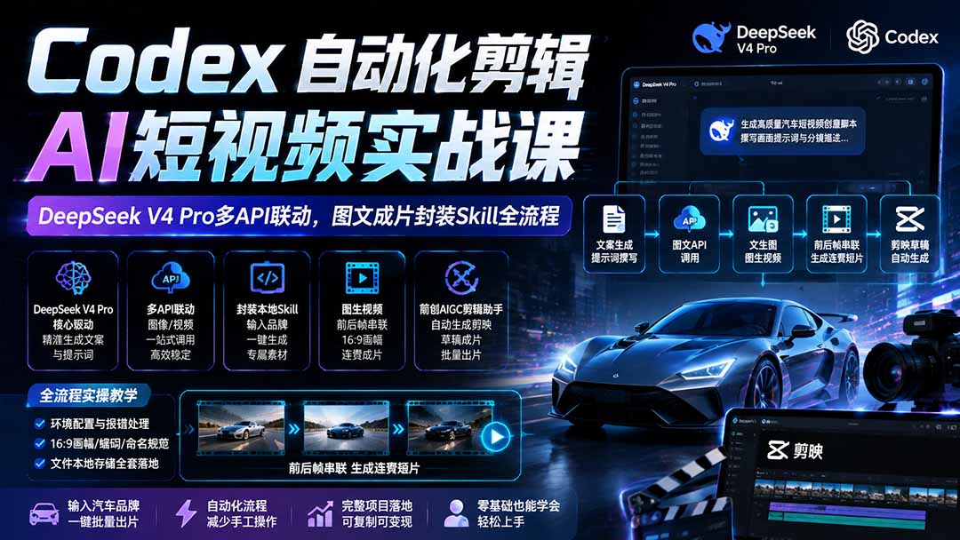 Codex自动化剪辑AI短视频实战课|DeepSeek V4 Pro多API联动,图文成片封装Skill全流程-朽念云创
