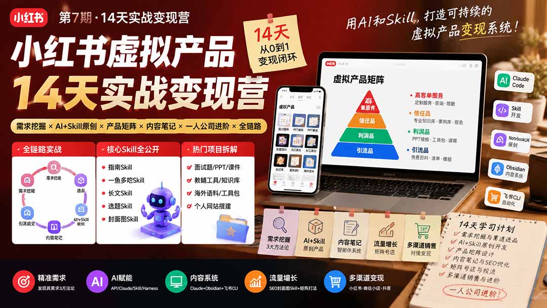 小红书虚拟产品14天实战变现营-第7期:需求挖掘×AI+Skill原创×产品矩阵×内容笔记×一人公司进阶×全链路-朽念云创