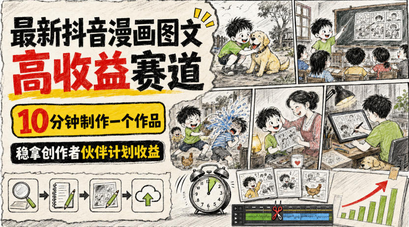 最新抖音漫画图文高收益赛道，10分钟制作一个作品，稳拿创作者伙伴计划收益-朽念云创