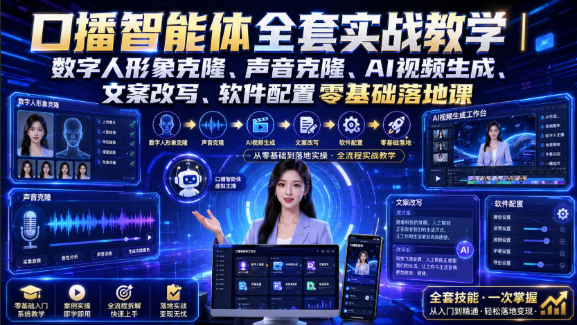 口播智能体全套实战教学|数字人形象克隆、声音克隆、AI视频生成、文案改写、软件配置零基础落地课-朽念云创