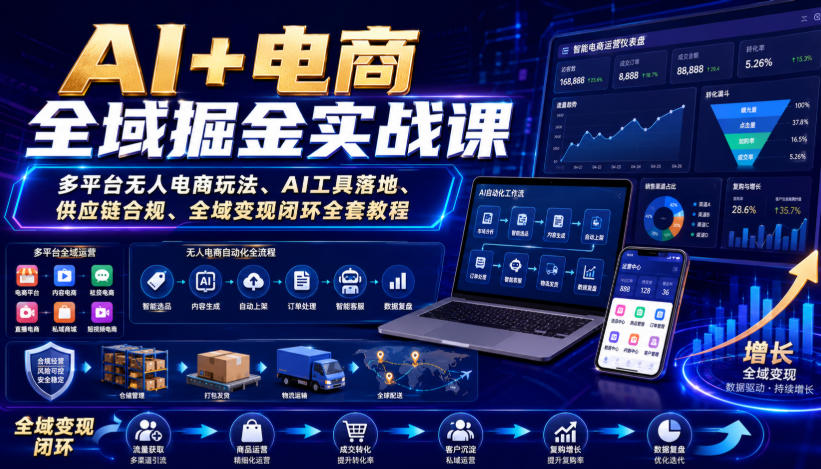 AI+电商全域掘金实战课|多平台无人电商玩法、AI工具落地、供应链合规、全域变现闭环全套教程-朽念云创