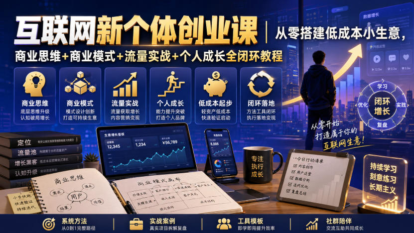 互联网新个体创业课|从零搭建低成本小生意,商业思维+商业模式+流量实战+个人成长全闭环教程-朽念云创