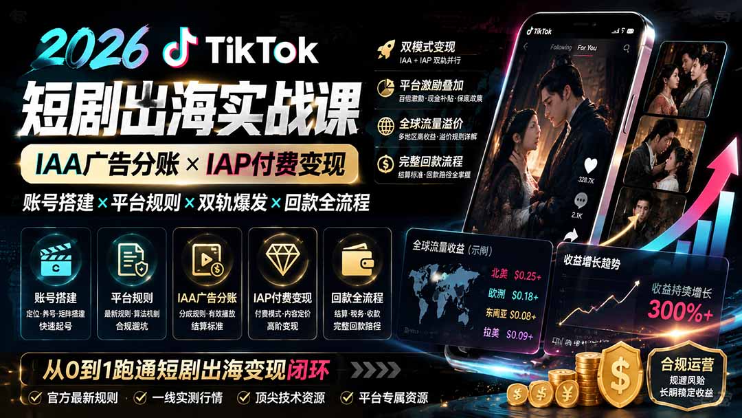2026TikTok短剧出海实战课：IAA广告分账×IAP付费变现×账号搭建×平台规则×双轨爆发×回款全流程-朽念云创