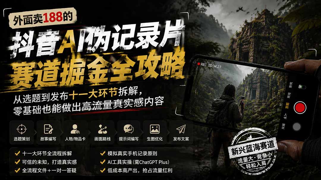 外面卖188的抖音AI伪记录片赛道掘金全攻略;从选题到发布十一大环节拆解,零基础也能做出高流量真实感内容-朽念云创