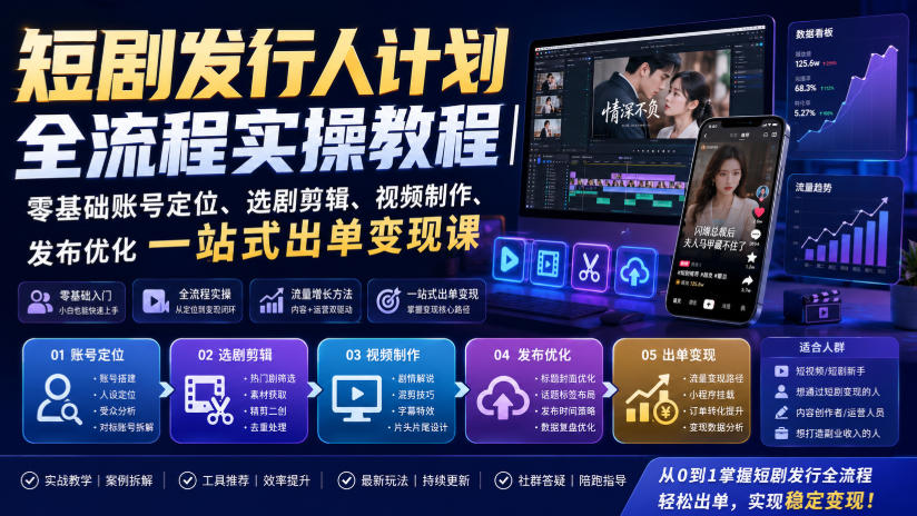 短剧发行人计划全流程实操教程|零基础账号定位、选剧剪辑、视频制作、发布优化一站式出单变现课-朽念云创