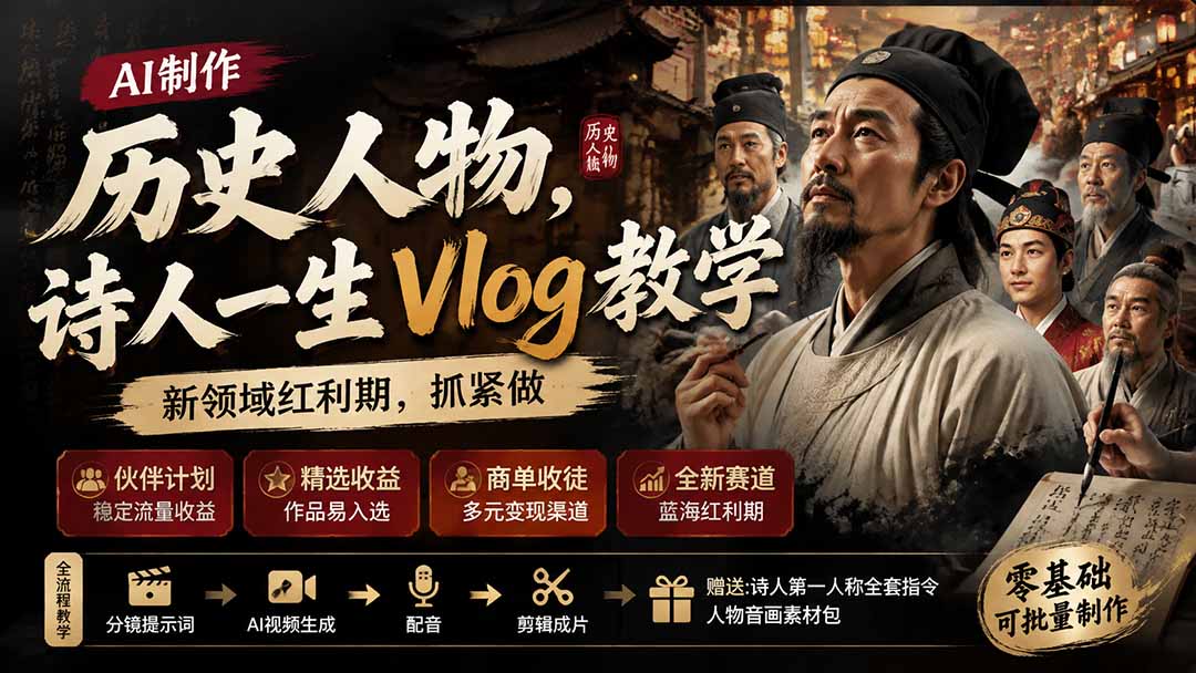 历史人物,诗人一生Vlog教学, AI制作丨伙伴计划丨精选收益丨商单收徒 ,新领域红利期,抓紧做-朽念云创