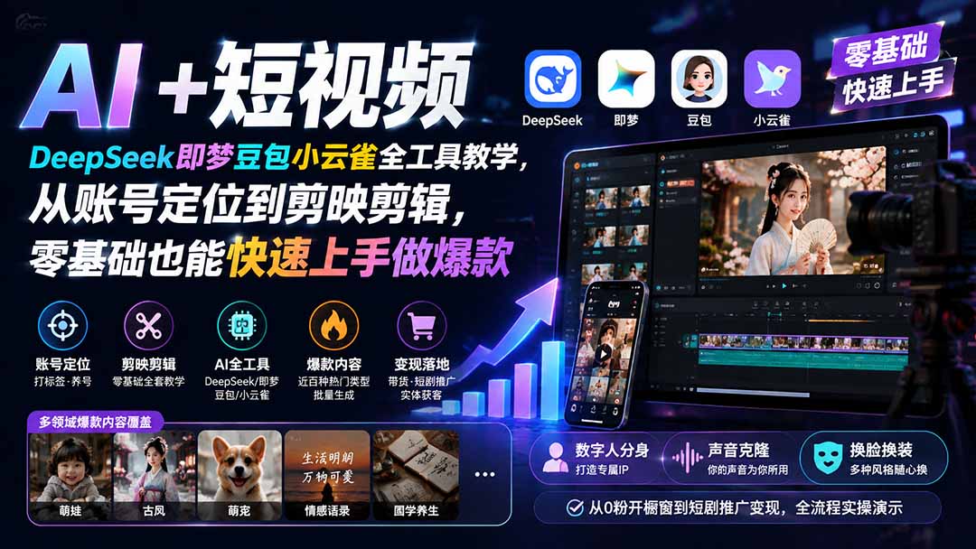 AI+短视频|DeepSeek即梦豆包小云雀全工具教学,从账号定位到剪映剪辑,零基础也能快速上手做爆款-朽念云创