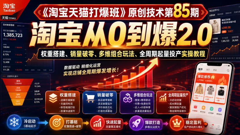 《淘宝天猫打爆班》原创技术第85期，淘宝从0到爆2.0，权重搭建、销量破零、多维组合玩法、全周期起量投产实操教程-朽念云创