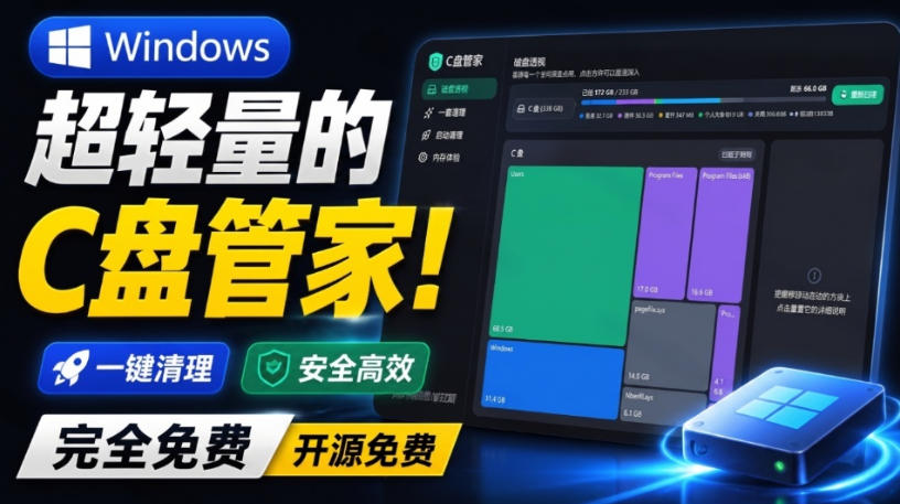 Windows超轻量的C盘管家！超级有特点，支持磁盘分析及清理提醒，2M大小体积，完全免费C盘管家-朽念云创