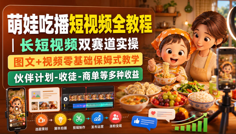 萌娃吃播短视频全教程｜长短视频双赛道实操，图文+视频零基础保姆式教学，伙伴计划-收徒-商单等多种变现方式-朽念云创