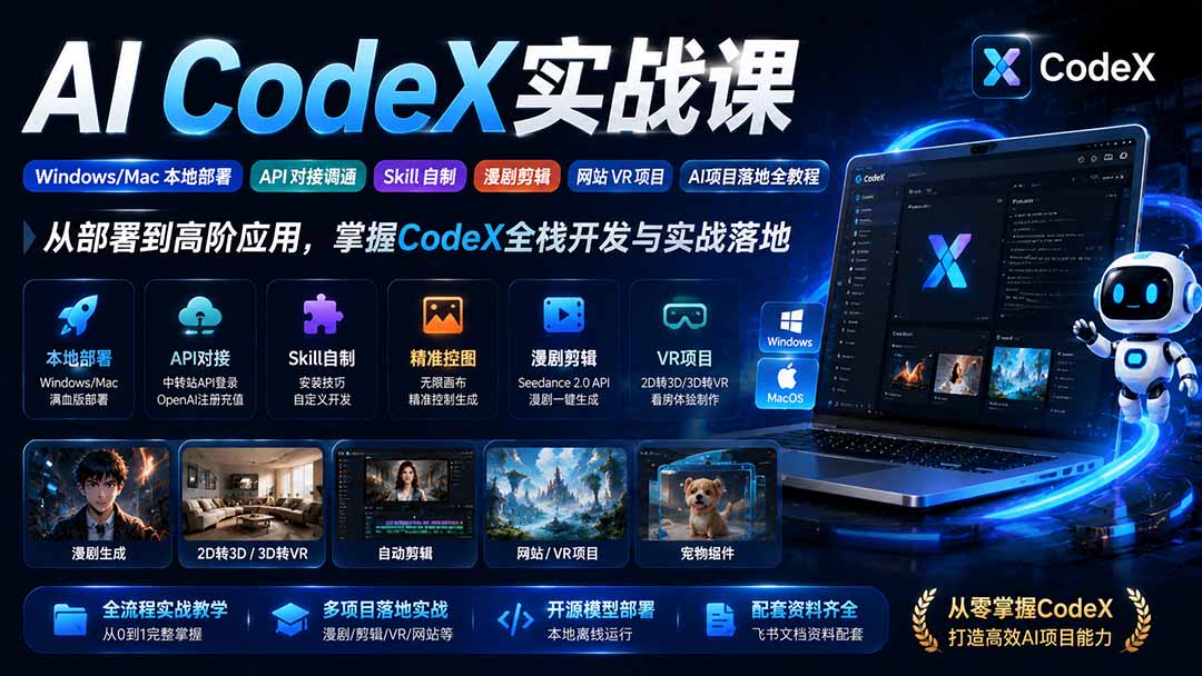 AI CodeX实战课|Windows/Mac 本地部署|API 对接调通|Skill 自制|漫剧剪辑|网站 VR 项目|AI项目落地全教程-朽念云创