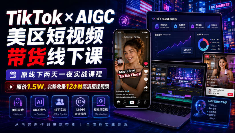 TikTok×AIGC美区短视频带货线下课,原线下两天一夜实战课程,原价1.5W,完整收录12小时高清授课视频-朽念云创