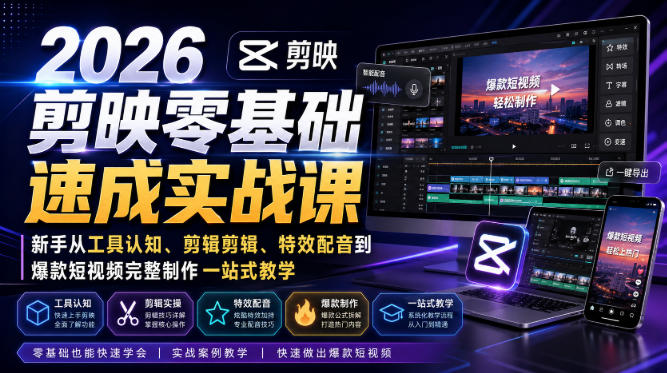 2026剪映零基础速成实战课|新手从工具认知、剪辑剪辑、特效配音到爆款短视频完整制作一站式教学-朽念云创