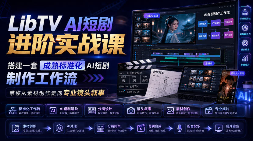 LibTV AI短剧进阶实战课,搭建一套成熟标准化AI短剧制作工作流,带你从素材创作走向专业镜头叙事-朽念云创