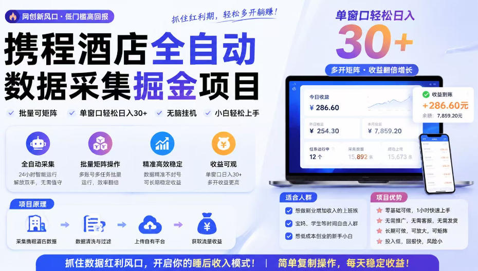 携程酒店采集挂G项目，批量可矩阵，单机轻松日入300+，开启你的睡后收入模式!【揭秘】-朽念云创