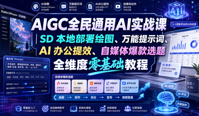 AIGC全民通用AI实战课｜SD本地部署绘图、万能提示词、AI办公提效、自媒体爆款选题全维度零基础教程-朽念云创