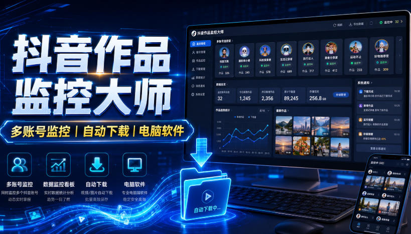 抖音作品监控大师，多账号监控丨自动下载丨电脑软件-朽念云创