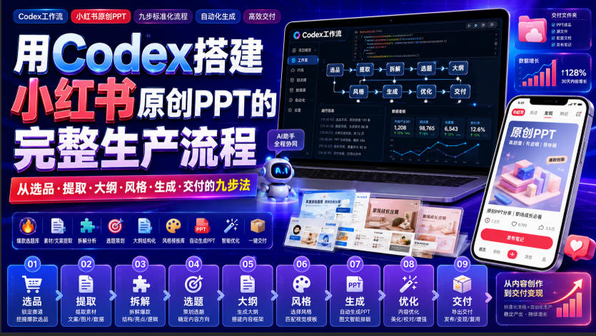 用Codex搭建小红书原创PPT的完整生产流程，从选品·提取·大纲·风格·生成·交付的九步法-朽念云创