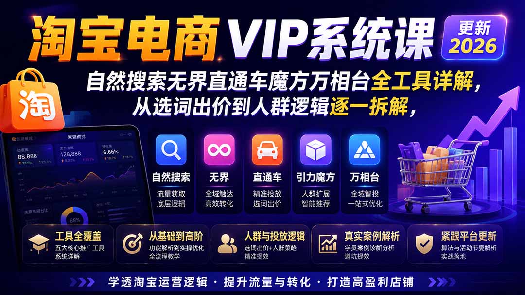 淘宝电商VIP系统课-更新8月；自然搜索无界直通车魔方万相台全工具详解，从选词出价到人群逻辑逐一拆解-朽念云创