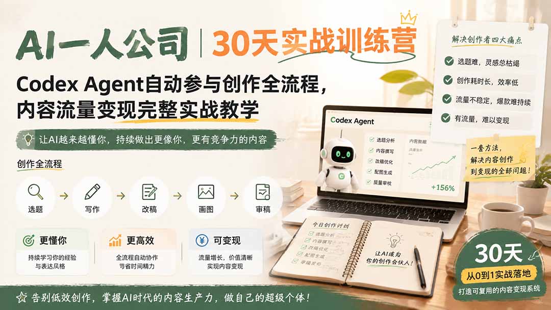 AI一人公司｜30天实战训练营；Codex Agent自动参与创作全流程，内容流量变现完整实战教学-朽念云创