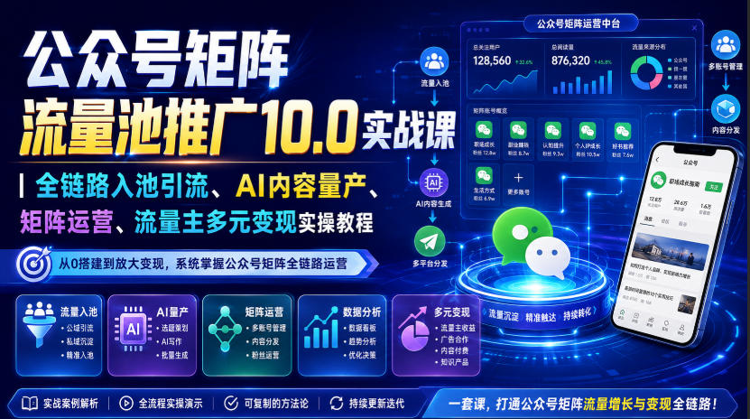 公众号矩阵流量池推广10.0实战课｜全链路入池引流、AI内容量产、矩阵运营、流量主多元变现实操教程-朽念云创