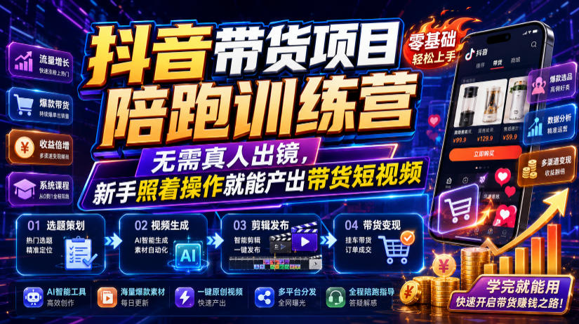 抖音带货项目陪跑训练营，无需真人出镜，新手照着操作就能产出带货短视频(更新0811)-朽念云创