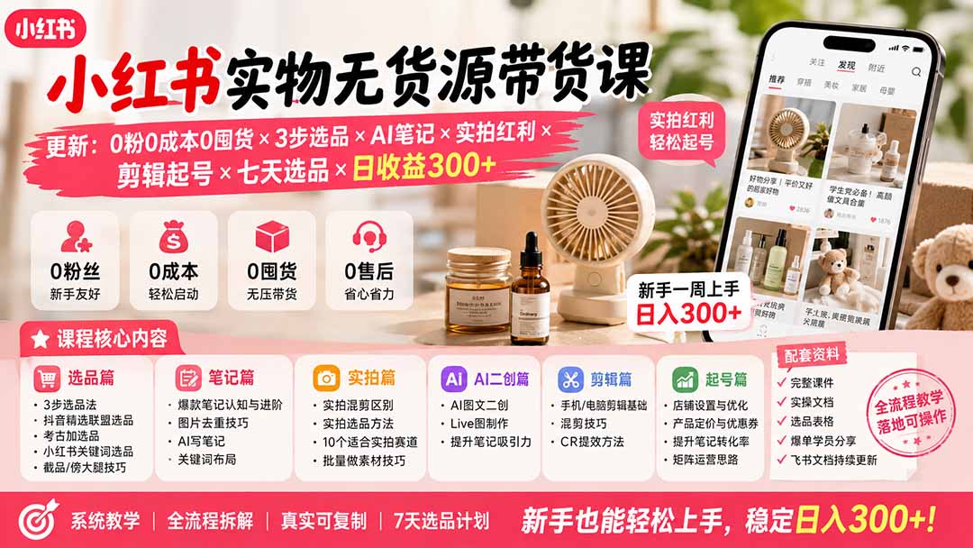 小红书实物无货源带货课-更新：0粉0成本0囤货×3步选品×AI笔记×实拍红利×剪辑起号×七天选品×日收益300+-朽念云创