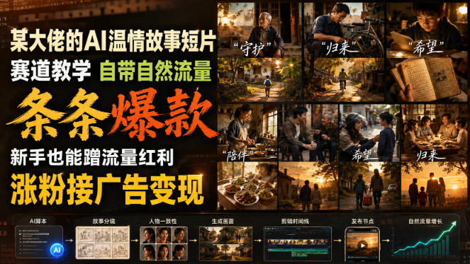 某大佬的AI温情故事短片赛道教学，自带自然流量，条条爆款，新手也能蹭流量红利，涨粉接广告变现-朽念云创