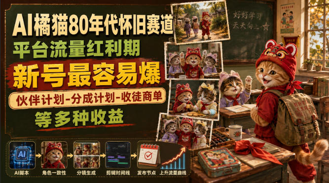 AI橘猫80年代怀旧赛道，平台流量红利期，新号最容易爆，伙伴计划-分成计划-收徒商单等多种收益-朽念云创