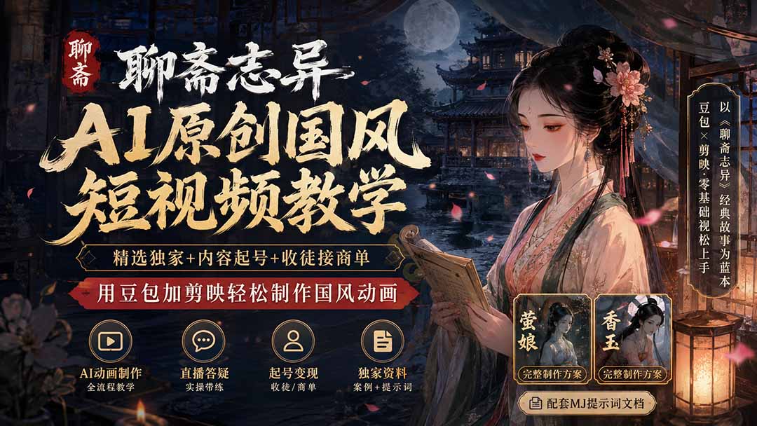 聊斋志异AI原创国风短视频教学；精选独家+内容起号+收徒接商单，用豆包加剪映轻松制作国风动画-朽念云创