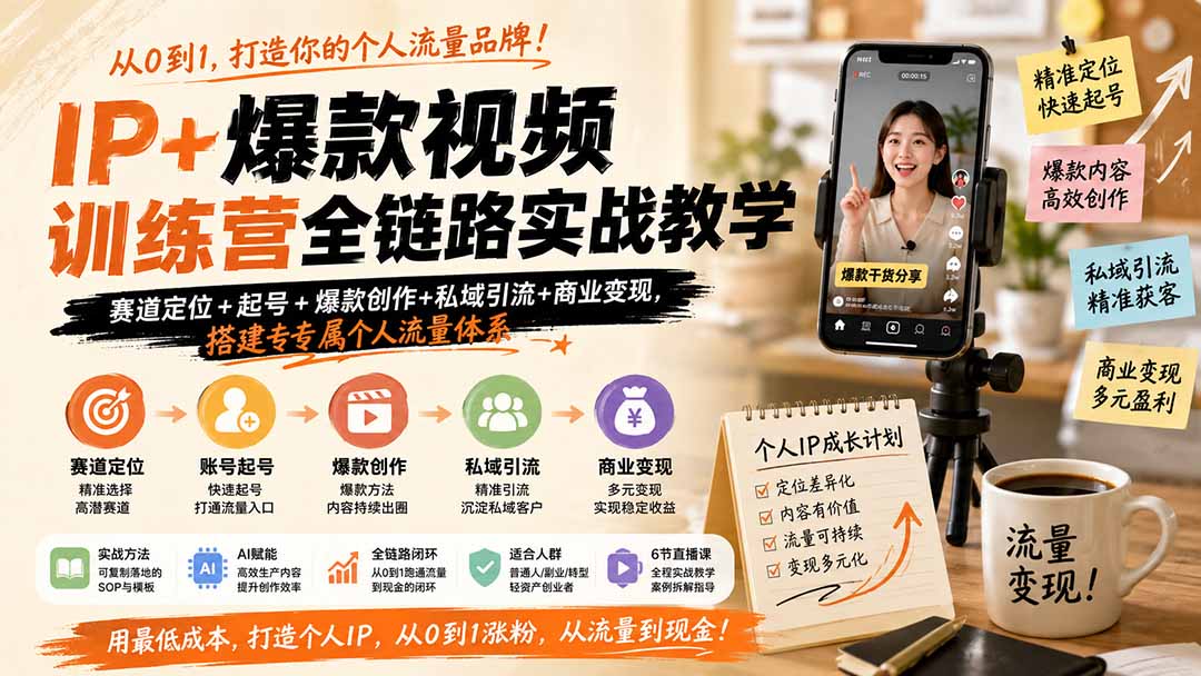IP+爆款视频训练营全链路实战教学；赛道定位+起号+爆款创作+私域引流+商业变现，搭建专属个人流量体系-朽念云创