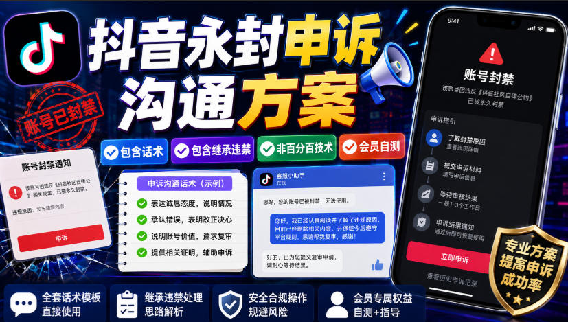 抖音永封申诉沟通方案，包含话术，包含继承违禁，非百分百技术，会员自测-朽念云创