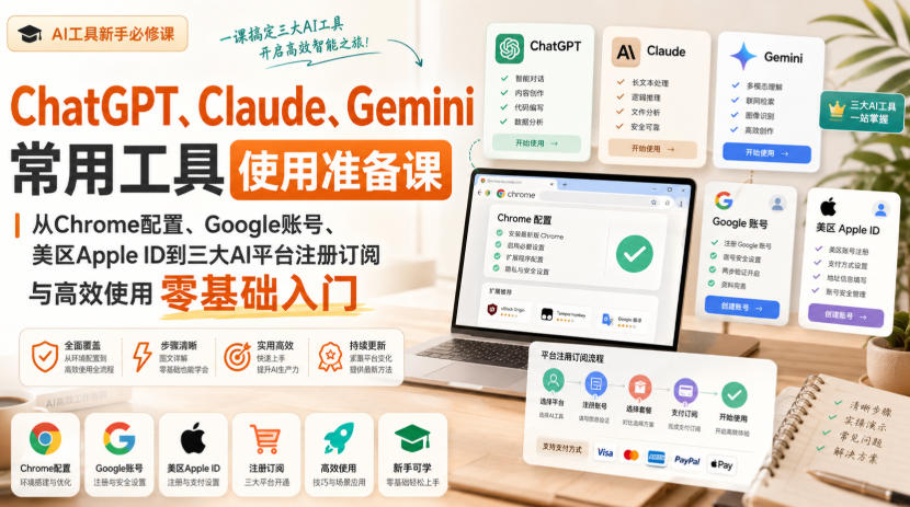 ChatGPT、Claude、Gemini常用工具使用准备课｜从Chrome配置、Google账号、美区Apple ID到三大AI平台注册订阅与高效使用零基础入门-朽念云创