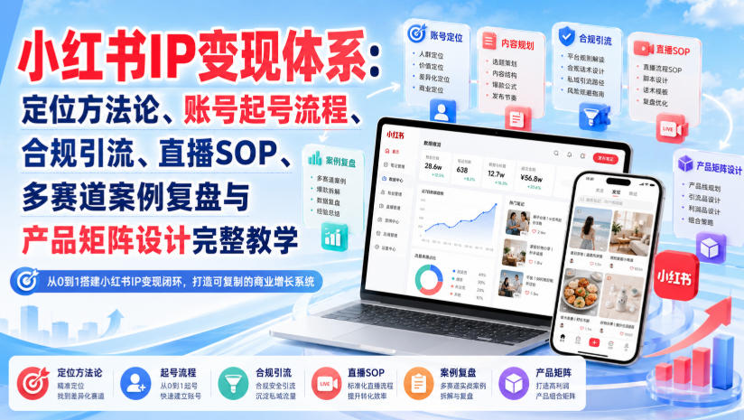 小红书IP变现体系：定位方法论、账号起号流程、合规引流、直播SOP、多赛道案例复盘与产品矩阵设计完整教学-朽念云创