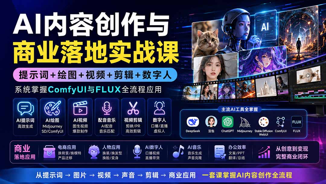 AI内容创作与商业落地实战课：提示词+绘图+视频+剪辑+数字人，系统掌握ComfyUI与FLUX全流程应用-朽念云创