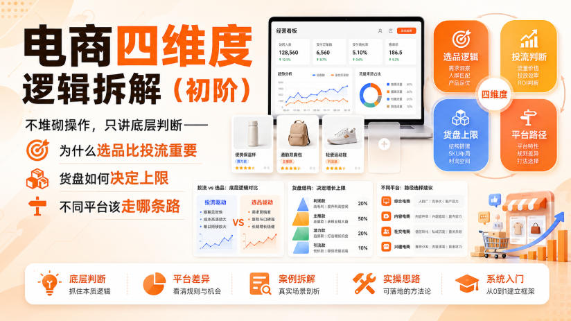 电商四维度逻辑拆解(初阶)不堆砌操作，只讲底层判断——为什么选品比投流重要、货盘如何决定上限、不同平台该走哪条路-朽念云创