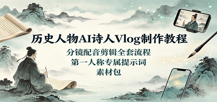 历史人物AI诗人Vlog制作教程：分镜配音剪辑全套流程，第一人称专属提示词素材包-朽念云创