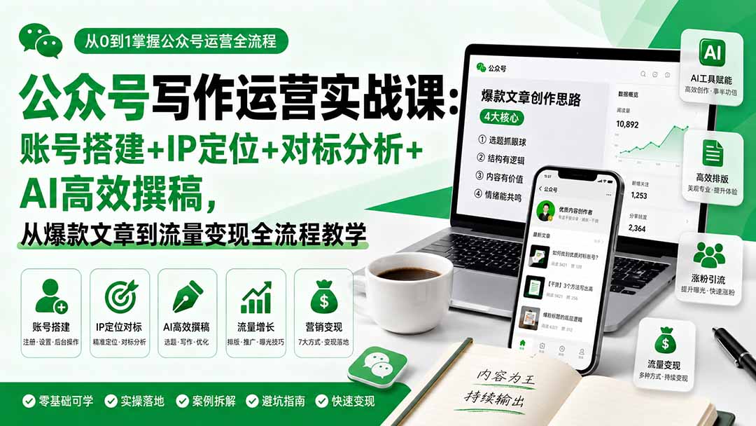 公众号写作运营实战课：账号搭建+IP定位+对标分析+AI高效撰稿，从爆款文章到流量变现全流程教学-朽念云创