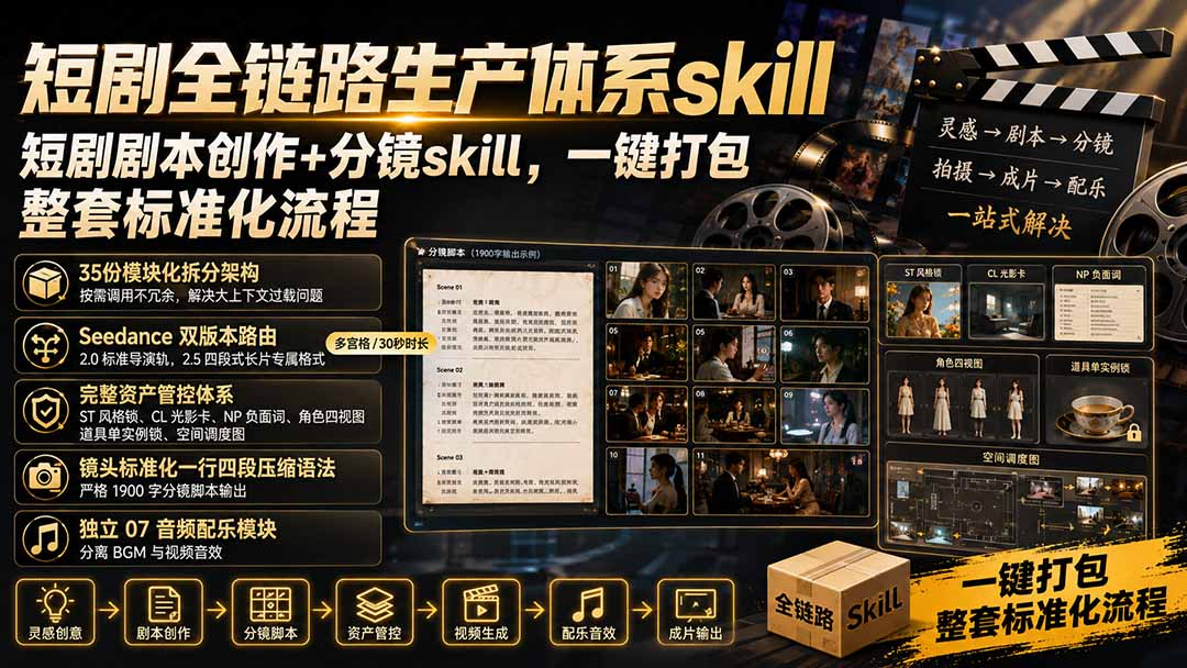 短剧全链路生产体系skill，短剧剧本创作+分镜skill，一键打包，整套标准化流程-朽念云创