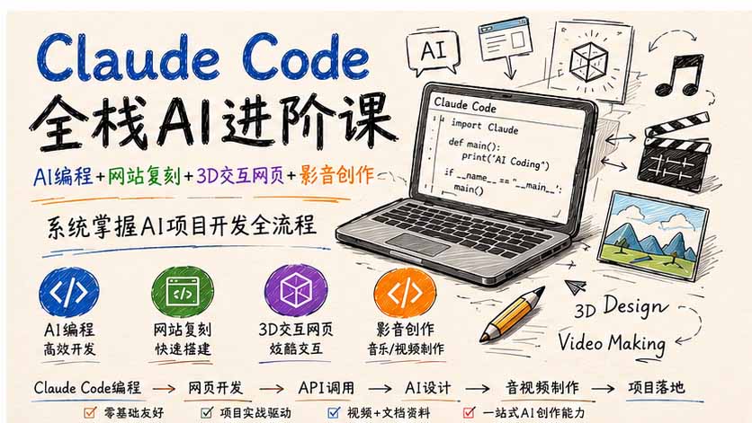 Claude Code全栈AI进阶课；AI编程+网站复刻+3D交互网页+影音创作，系统掌握AI项目开发全流程-朽念云创