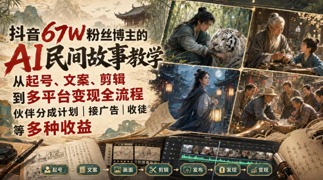 抖音67W粉丝博主的AI民间故事教学，从起号、文案、剪辑到多平台变现全流程，伙伴分成计划接广告等多种收益，月入1W+-朽念云创