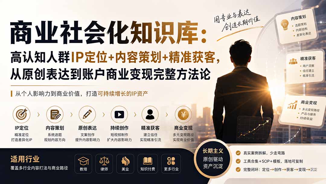 商业社会化知识库：高认知人群IP定位+内容策划+精准获客，从原创表达到账户商业变现完整方法论-朽念云创