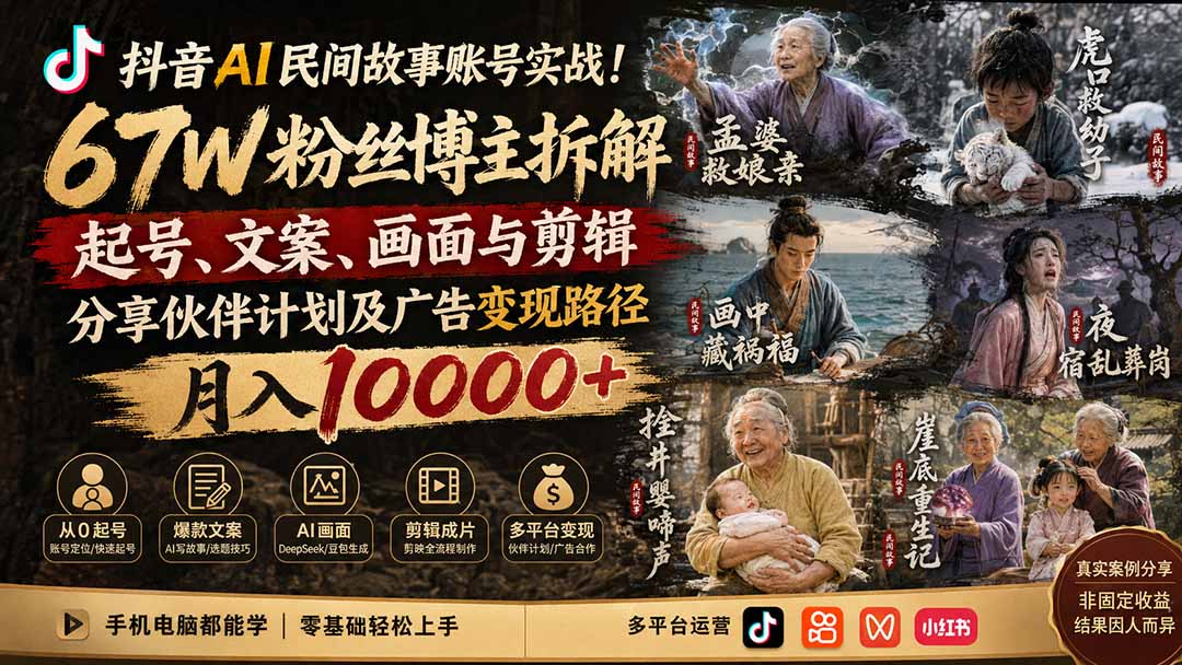 抖音AI民间故事账号实战！67W粉丝博主拆解起号、文案、画面与剪辑，分享伙伴计划及广告变现路径，月入10000+-朽念云创