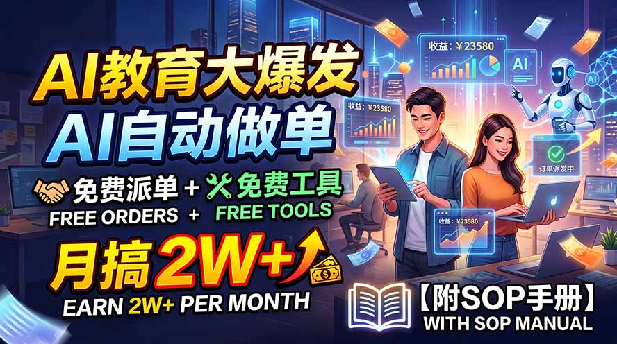 AI教育大爆发，AI自动做单，免费派单+免费工具，月搞2W+【附SOP手册】-朽念云创